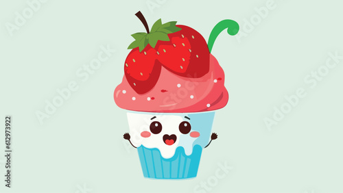 Cute cartoon cupcake character with strawberry. 