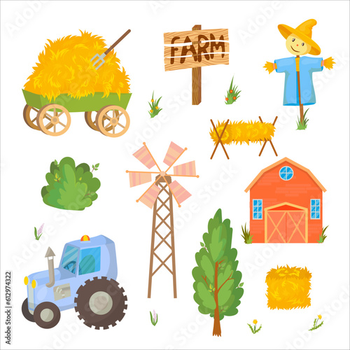 Tractor. Farm, Mill. Agricultural buildings. Hay. Tractor. Barn. Cattle breeding Vector illustration isolated on white background.