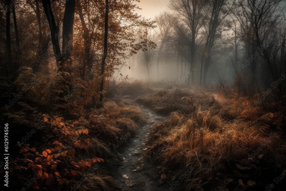 misty forest path enveloped in fog. Generative AI