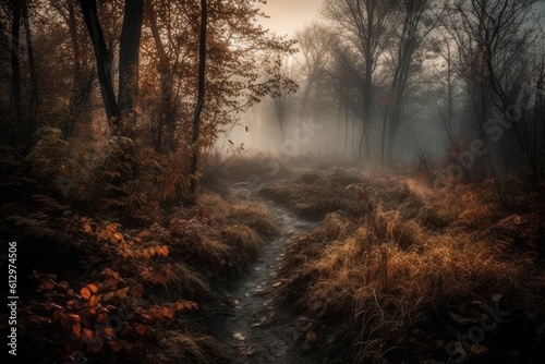 misty forest path enveloped in fog. Generative AI © Vusal