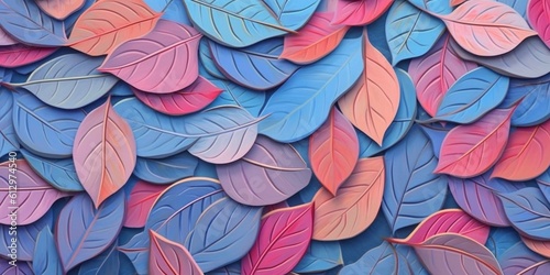 A colorful autumn background made of plastic leaves in pastel colors  blue  orange and pink. Illustration. Generative AI