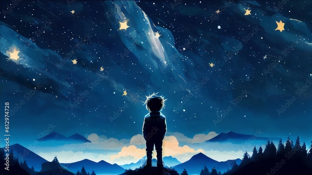 Boy looking at night starry sky - illustration