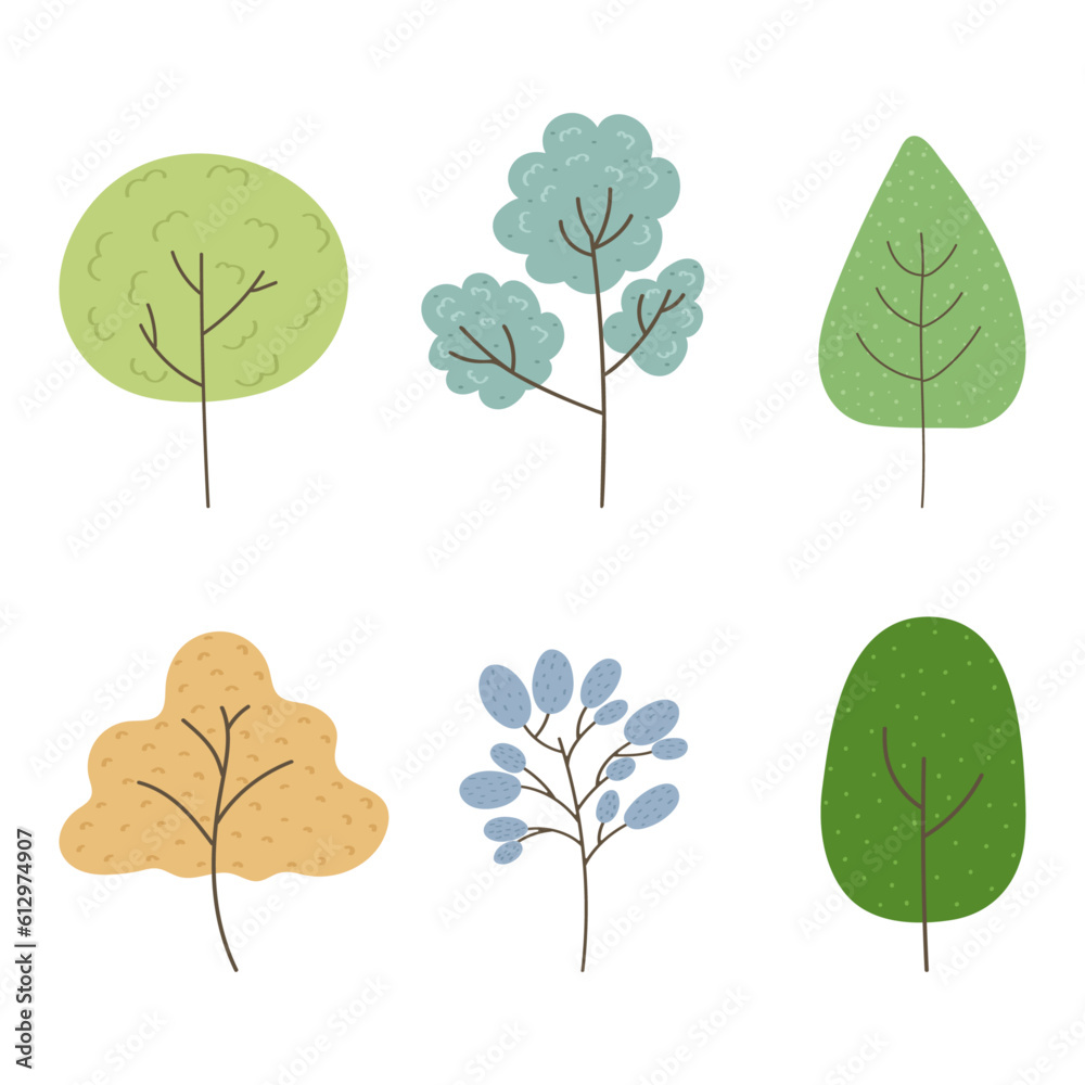 Flat trendy vector trees set. Flat forest tree nature plant isolated eco foliage. Simple hand drawn various green, yellow and blue Trees. Abstract different shapes. Various textures. 