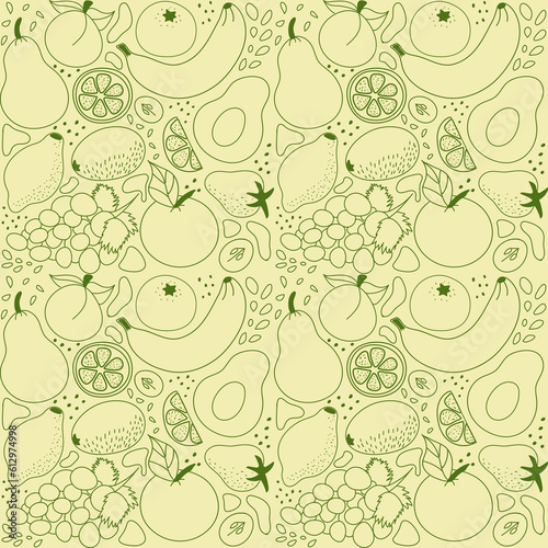 Pattern of contour Fruits and Berries. Food. Citruses - orange, mandarin. Exotic - banana, kiwi. Vitamins, healthy eating, veganism. Seamless pattern for wrapping. Drawn by hand. Vector illustration.