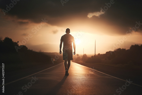 Athletic man walking on a road into the sunset, with the sun setting behind him. View from the back, only showing his legs and the silhouette of his body.