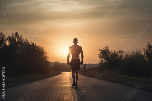 Athletic man walking on a road into the sunset, with the sun setting behind him. View from the back, only showing his legs and the silhouette of his body.