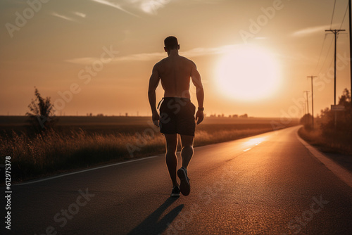 Athletic man walking on a road towards the setting sun  his face obscured from view. The golden light of the sunset casts a warm glow on his legs  highlighting his strong physique.
