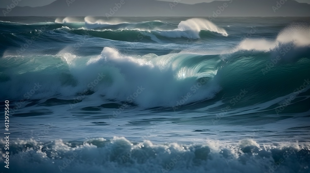 Serene euphoria, mesmerizing ocean waves, ethereal clouds, and serene foam