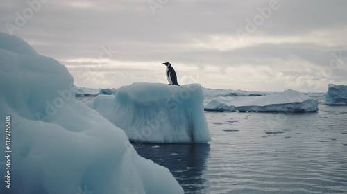 A lone penguin standing atop an iceberg in the Antarctic Ocean.