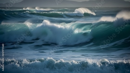 Serene euphoria, mesmerizing ocean waves, ethereal clouds, and serene foam