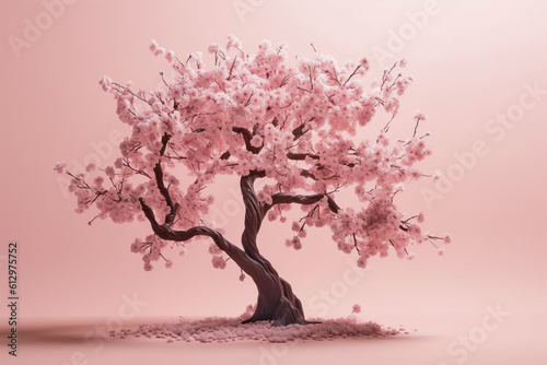 Minimalist illustration of a cherry blossom tree isolated on pink background.Copy and text space.Created with generative ai © leo10