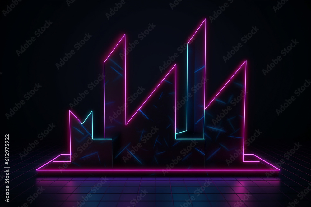 Create a 3D render of an abstract minimalist geometric background with three neon arrows pointing to a linear rising chart, ending with a point. Create a 3D render of an abstract minimalist geometric background with three neon arrows pointing to a linear rising chart, ending with a point.