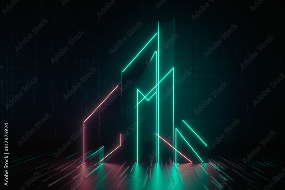 Naklejka premium Create a 3D render of an abstract minimalist geometric background with three neon arrows pointing to a linear rising chart, ending with a point.