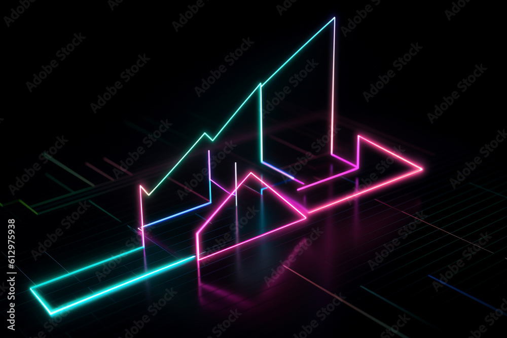 Create a stock image of an abstract minimalist geometric background with three neon arrows pointing to a linear rising chart, ending with a glowing point. Create a stock image of an abstract minimalist geometric background with three neon arrows pointing to a linear rising chart, ending with a glowing point.