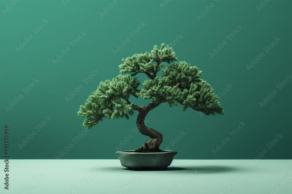 Minimalist illustration of a bonsai tree isolated on green background.Copy and text space.Created with generative ai Minimalist illustration of a bonsai tree isolated on green background.Copy and text space.Created with generative ai