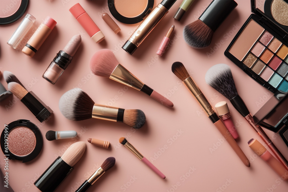 Cosmetics isolated on pink color pastel background.Make up set.Top view of a make up set.Created with generative ai Cosmetics isolated on pink color pastel background.Make up set.Top view of a make up set.Created with generative ai