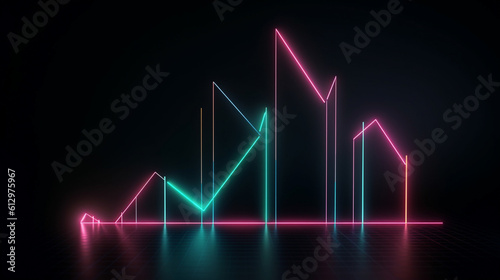 Create a stock image of a 3D rendered abstract minimalist geometric background with three neon arrows pointing up in a linear rising chart, ending with a dramatic point.