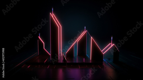 Create a stock image of a 3D rendered abstract minimalist geometric background with three neon arrows pointing up in a linear rising chart, ending with a dramatic point.