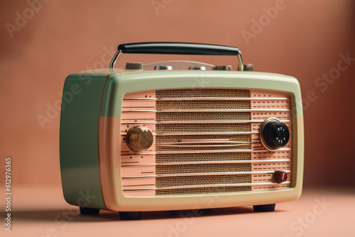 Vintage radio isolated on pastel brown background.Copy and text space.Created with generative ai