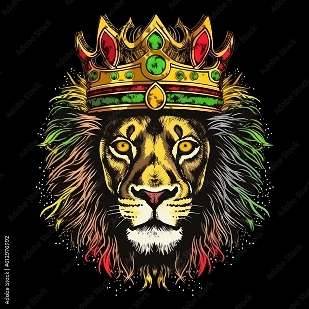 Obraz premium Lion with the colors of reggae, Lion with crown, Lion king, lion king, colorful lion
