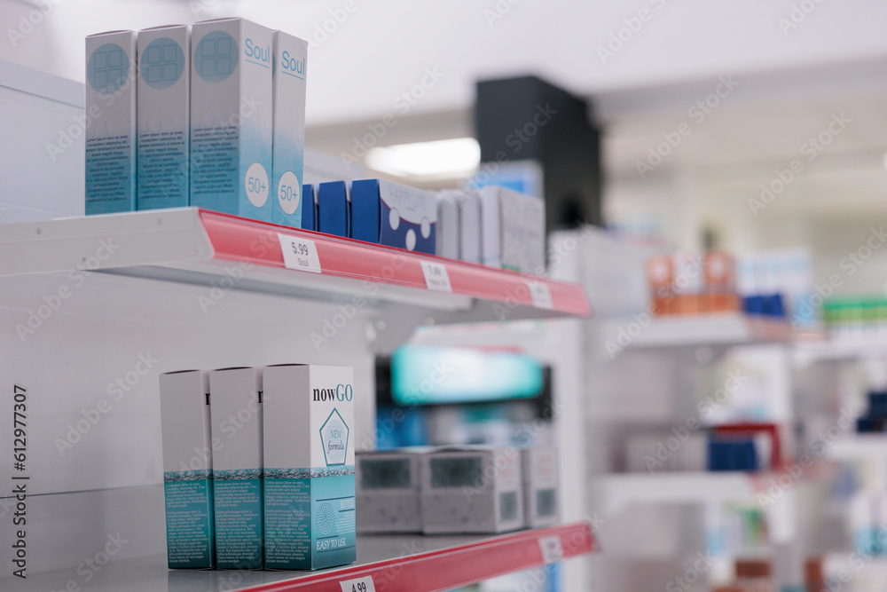 Empty pharmacy store shelves filled with pharmaceutical products and supplements to sell prescription medicine or treatment to customers. Drugstore with medication and vitamins, drugs bottles.