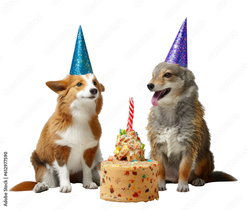 Dogs with party hats sitting behind a birthday cake isolated on a ...