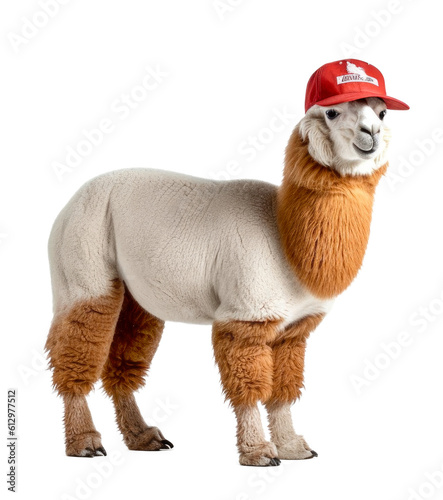 alpaca wearing a red cap isolated on a transparant background  clipart for printing and presentations