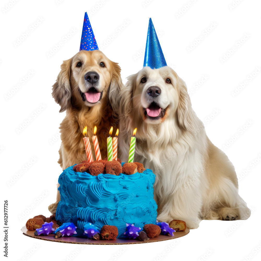 Cute dogs with party hats sitting behind a birthday cake isolated on a ...
