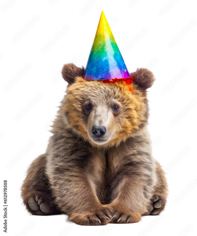 Cute bear with party hat isolated on a transparant background, clipart