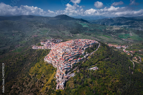 Aerial view of Italian hilltop town, Rotondella at daytime in the Calabria Region