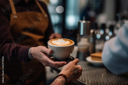 Midsection of barista serving coffee to a customer at a hip café