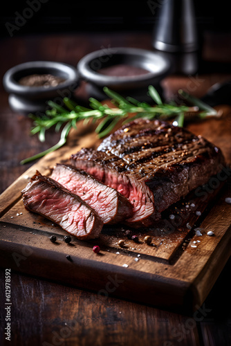 Traditional American barbecue bavette steak with salt and pepper served as close-up front view on a wooden design board, Generative AI.