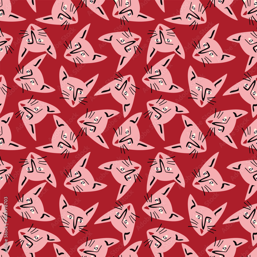 Pattern with kitty with a lovely face. Freaky comic cat face Pattern with kitty with a lovely face. Freaky comic cat face