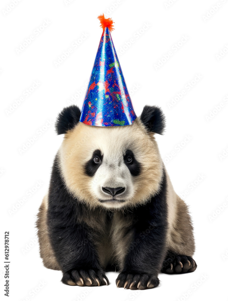 Panda bear with party hat isolated on a transparant background, clipart