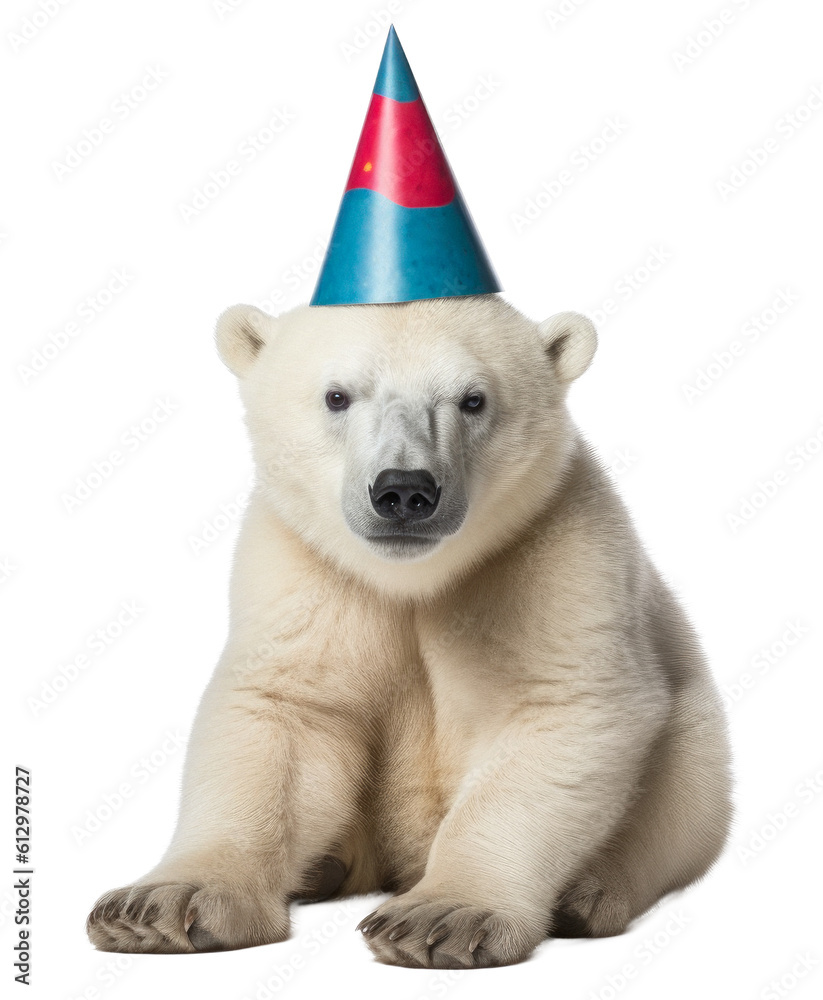 Polar bear with party hat isolated on a transparant background, clipart