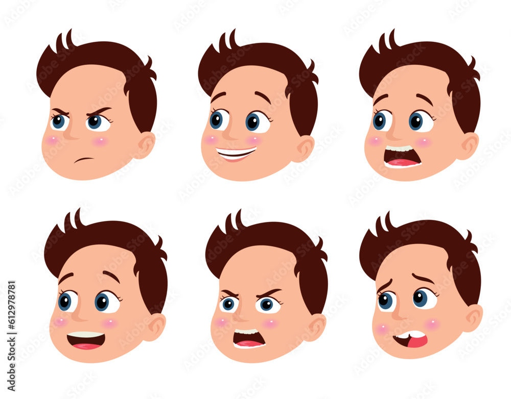 Set of cute cartoon boy face with different emotions. Vector illustration.