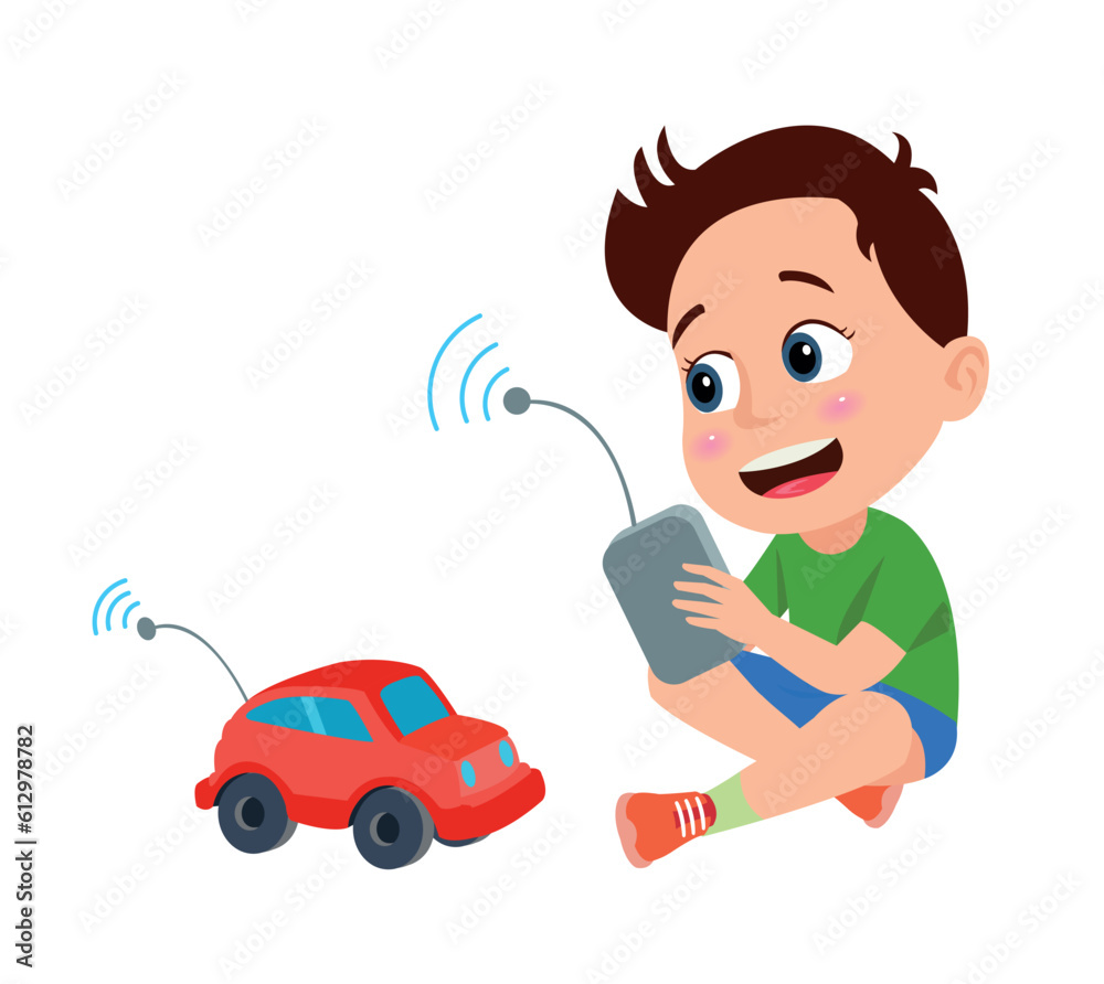 Cute little boy playing with toy car. Vector cartoon illustration. Cute little boy playing with toy car. Vector cartoon illustration.