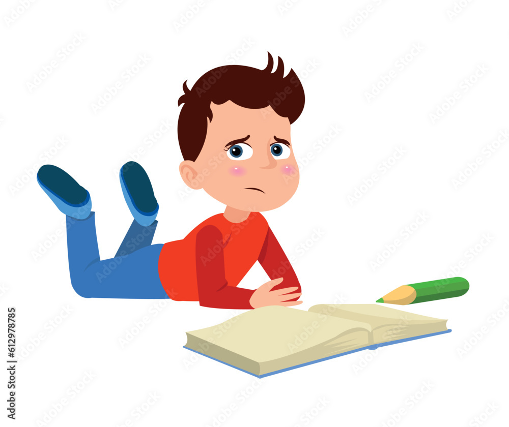 Sad little boy reading a book. Vector illustration in cartoon style. Sad little boy reading a book. Vector illustration in cartoon style.