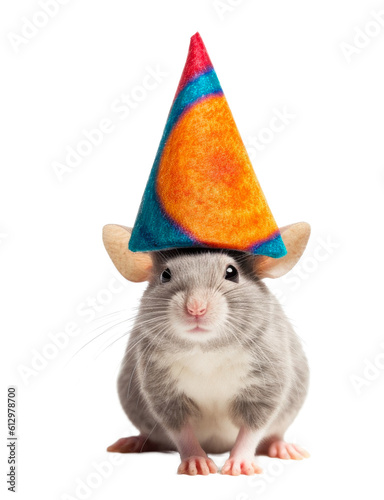 Grey mouse with party hat isolated on a transparant background, clipart for printing and presentations