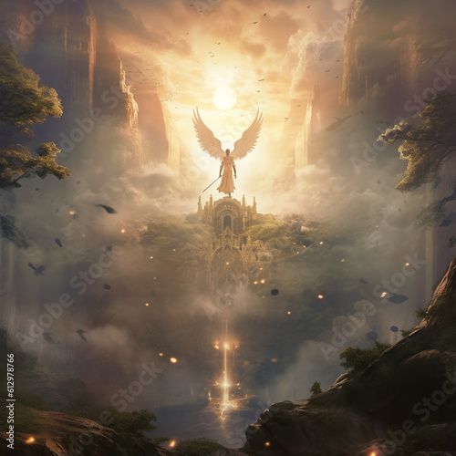 Celestial Guardians of the Enchanted Forest: Vector Illustration Depicting Angelic Fantasy Creatures Embracing Nature's Splendor under the Divine Sky