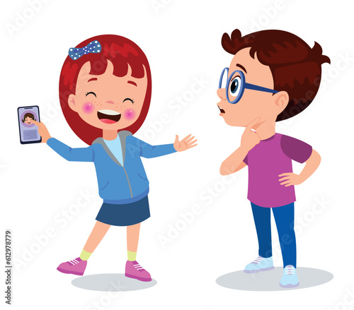 Cute little girl and boy using smart phone. Vector illustration.