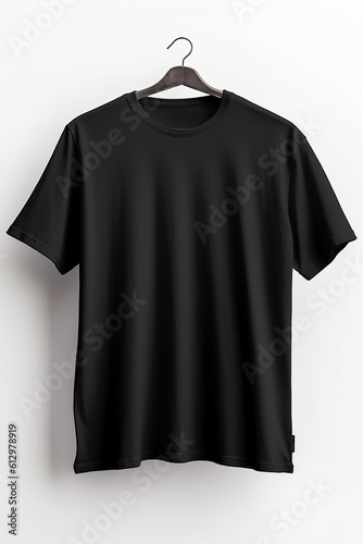 A black t-shirt hanging on a hanger. Generative AI. Tshirt mockup, copy space.