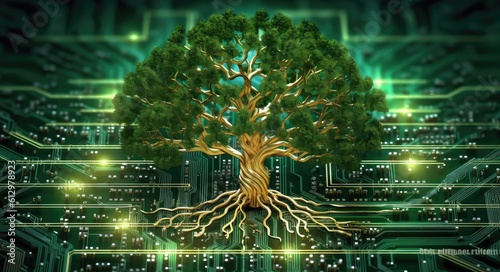 Digital technology merges with nature as a tree grows on an electronic circuit, a fascinating symbiosis.