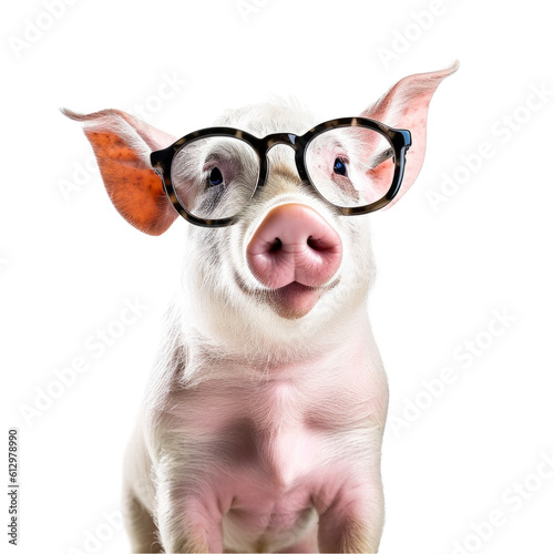 Funky pig wearing black glasses isolated on a transparant background, clipart for printing and presentations