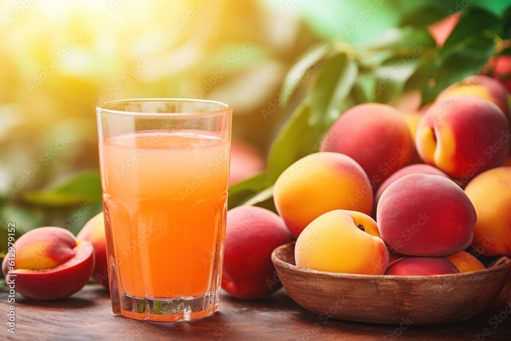Close up of a Glass of Juice of Peach, Tropical and Exotic Athmosphere, Studio Photography, Commercial Shot. Generative AI.