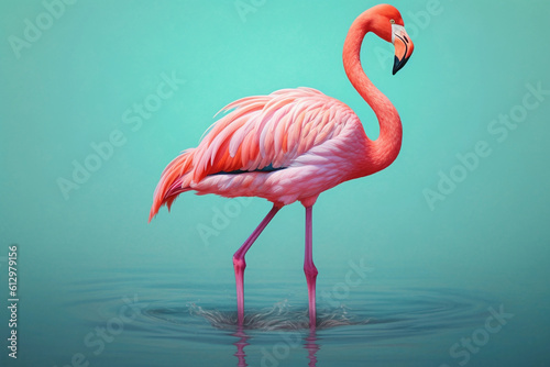 A pink flamingo in front of a green background