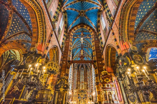 Crucifix Altar Ceiling St Mary's Basilica Church Krakow Poland © Bill Perry