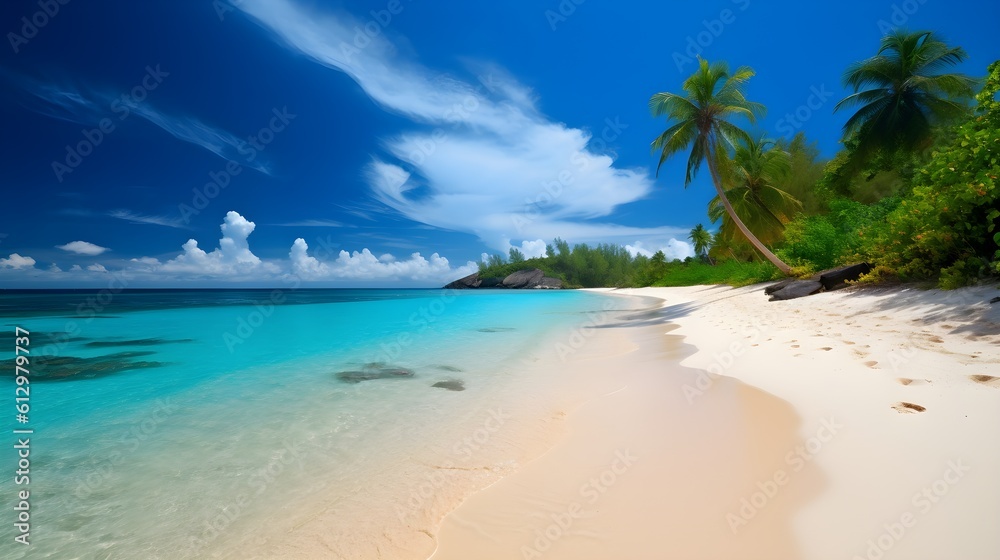 Tropical escape, idyllic sandy beach, lush palm trees, and dreamy seascapes