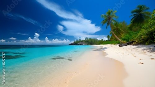 Tropical escape  idyllic sandy beach  lush palm trees  and dreamy seascapes