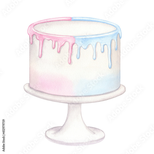 Cake on a stand blue pink boy girl twins kids birthday surprise. Hand drawn watercolor illustration isolated on white background. For gender reveal party, baby shower, children's design, newborn